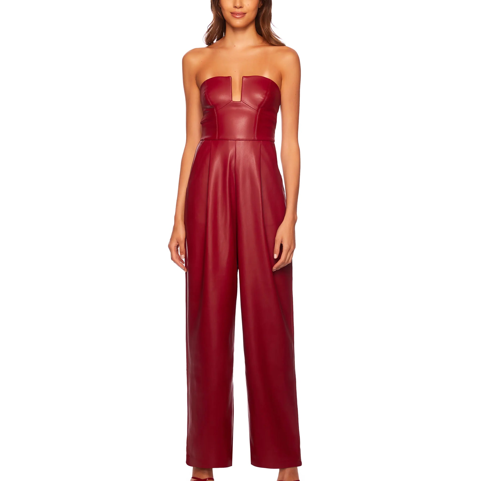 Strapless Elegant DarkRed Leather Jumpsuit For Women