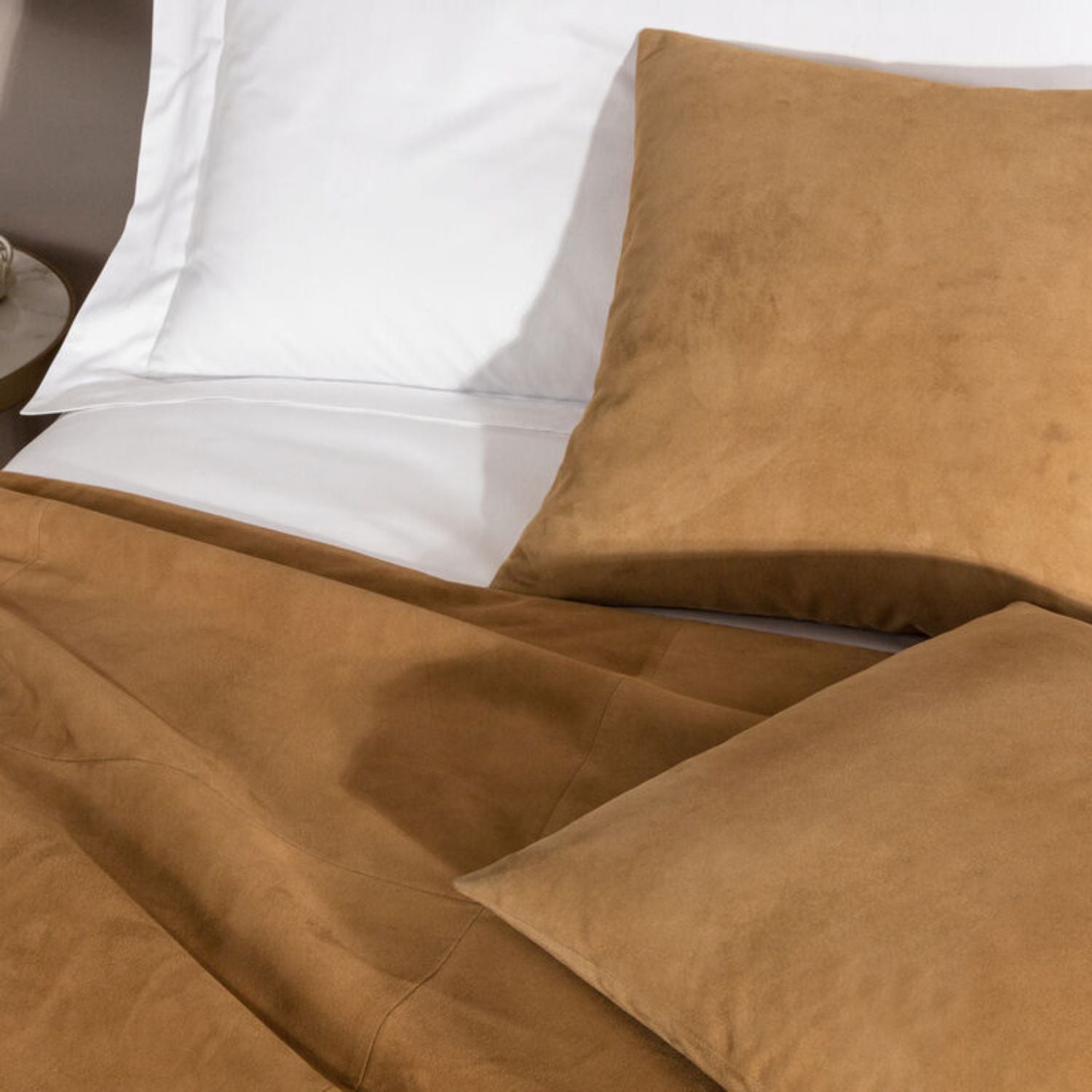Camel Brown Suede Bed Runner and Pillow Cover Set