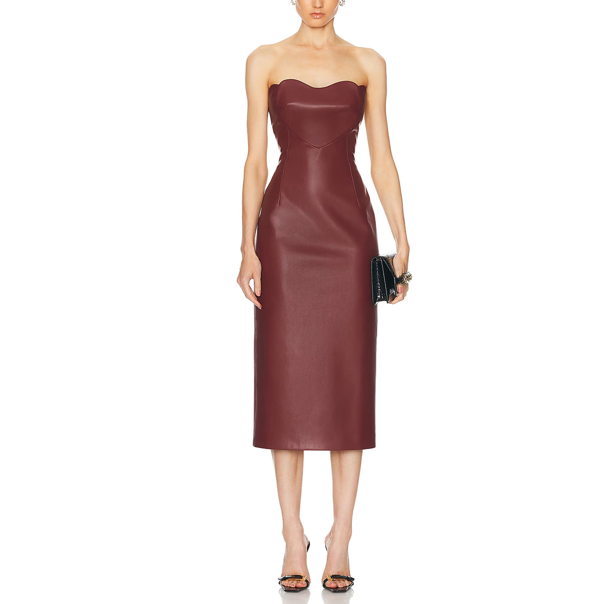 Swirl Neckline Burgundy Long Vegan Leather Dress XXL / Burgundy