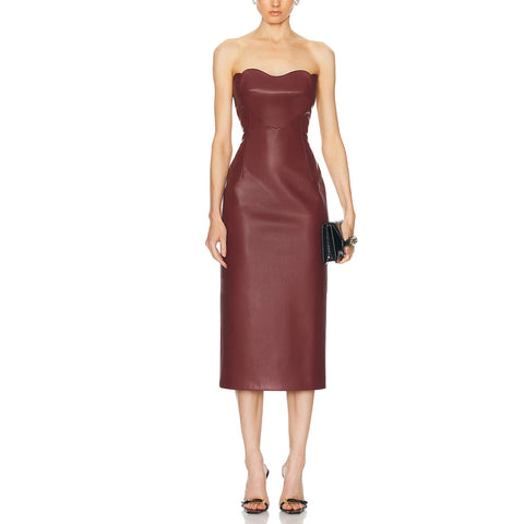 Swirl Neckline Burgundy Long Vegan Leather Dress