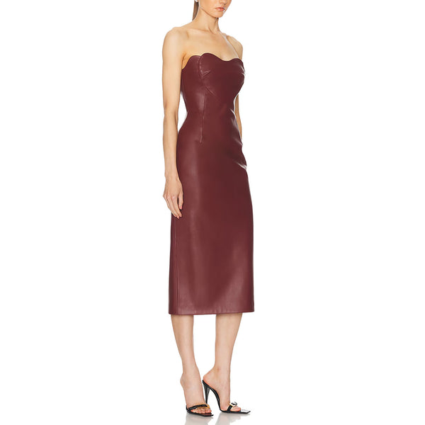 Swirl Neckline Burgundy Long Vegan Leather Dress