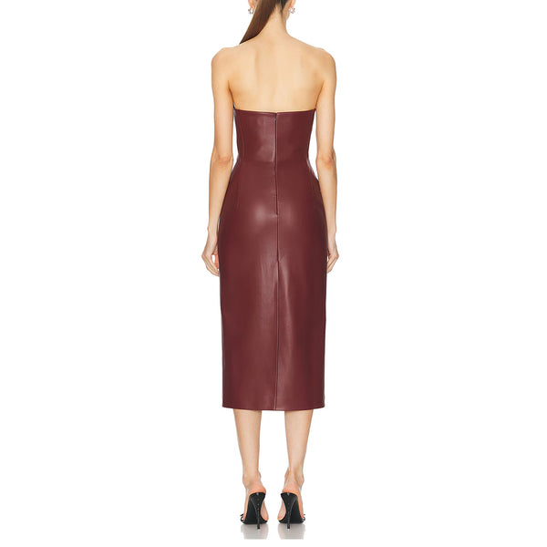 Swirl Neckline Burgundy Long Vegan Leather Dress