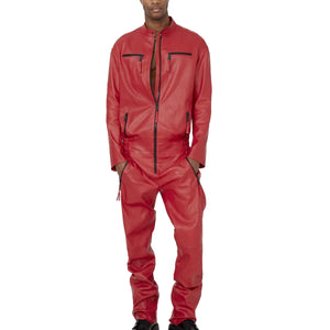 Unique Style Men Red Leather Jumpsuit