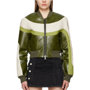 Olive Green Chic Color Block Women Bomber Leather Jacket