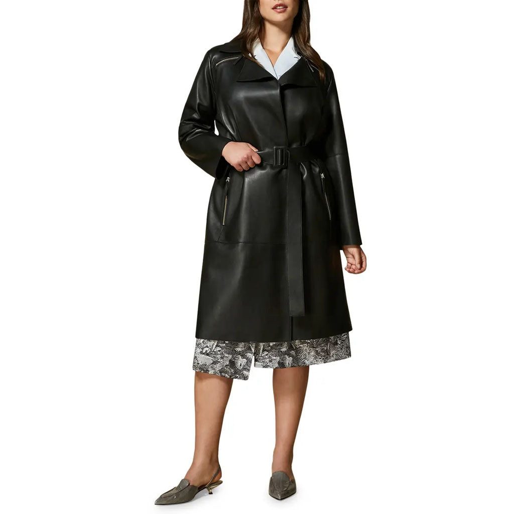 Elegant Black Zipper Detailed Women Leather Trench Coat S / White Elegant Black Zipper Detailed Women Leather Trench Coat S / White