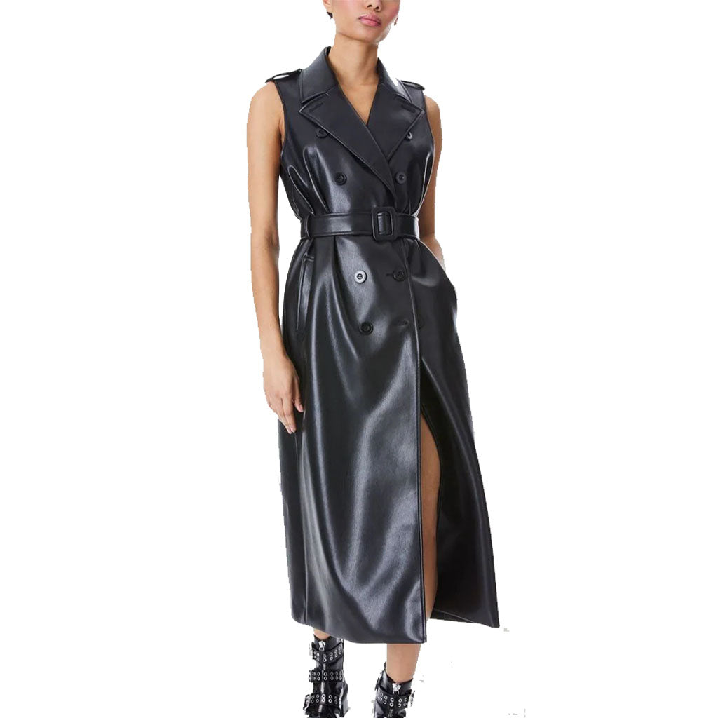 Black Sleeveless Double Breasted Women Leather Trench Coat L / GREY Black Sleeveless Double Breasted Women Leather Trench Coat L / GREY