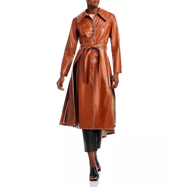 Tan Brown Button Detailed Asymmetric Women Leather Coat -  HOTLEATHERWORLD