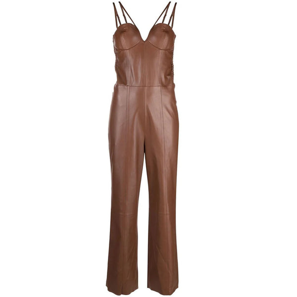 Classy Brown Strappy Hot Leather Jumpsuit -  HOTLEATHERWORLD