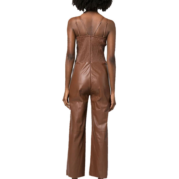 Classy Brown Strappy Hot Leather Jumpsuit -  HOTLEATHERWORLD