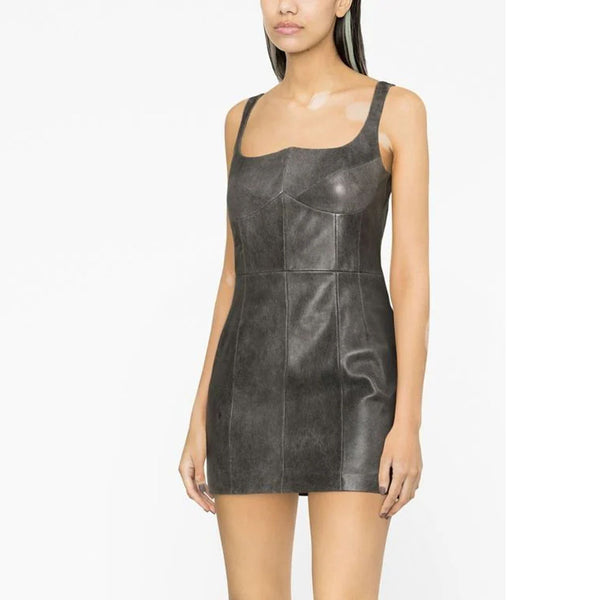 Grey Sculpted Women Mini Leather Dress -  HOTLEATHERWORLD