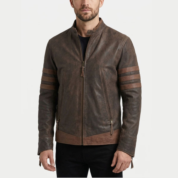 A man wearing a dark brown distressed leather jacket with three horizontal brown stripes on each sleeve, shown against a plain light gray background.
