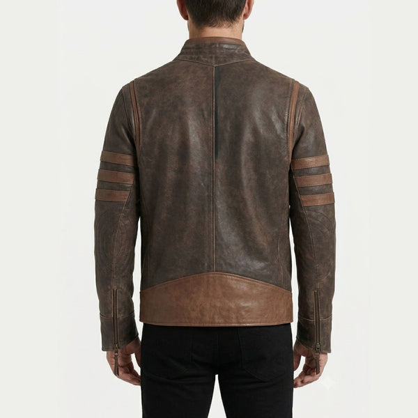 A man wearing a dark brown distressed leather jacket with three horizontal brown stripes on each sleeve, the back image.