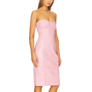 Strapless Powder Pink Barbie Leather Mini Dress L Strapless Powder Pink Barbie Leather Mini Dress L