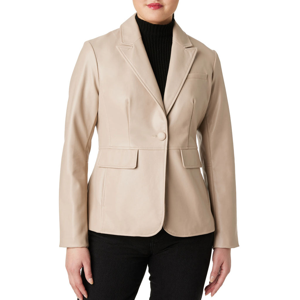 Classic Beige Women Single Button Leather Blazer -  HOTLEATHERWORLD