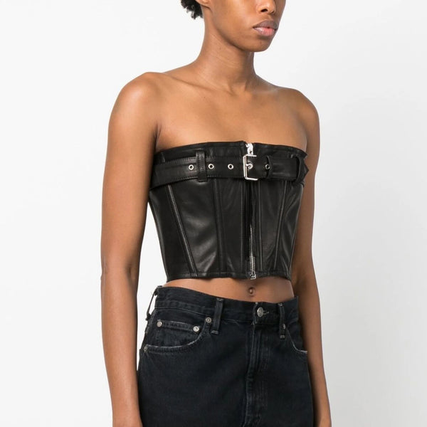 Belted Front Genuine Leather Corset Style Top