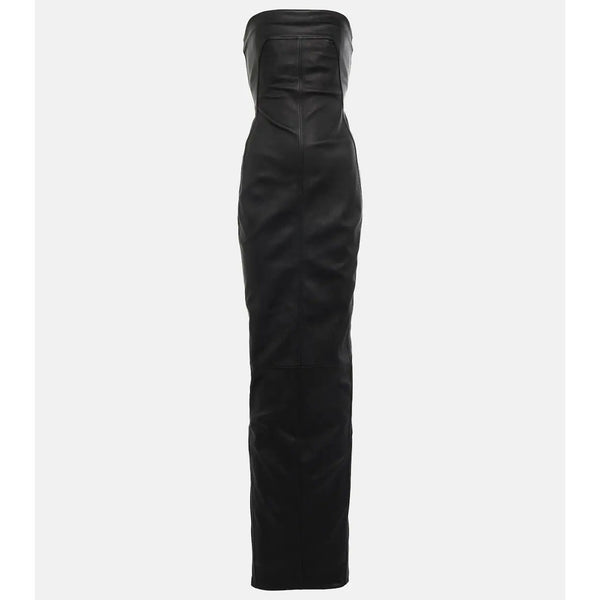 Aesthetic Black Strapless Maxi Leather Dress -  HOTLEATHERWORLD