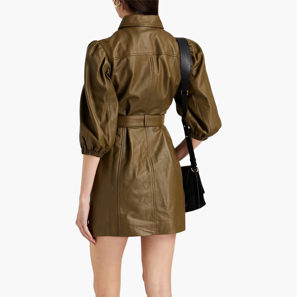 Chocolate Brown Buttoned Women Leather Shirt Dress| HotLeatherDress S / White Chocolate Brown Buttoned Women Leather Shirt Dress| HotLeatherDress S / White