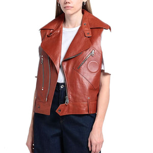Classic Brown Women Moto Leather Sleeveless Jacket For Fall 2023 -  HOTLEATHERWORLD