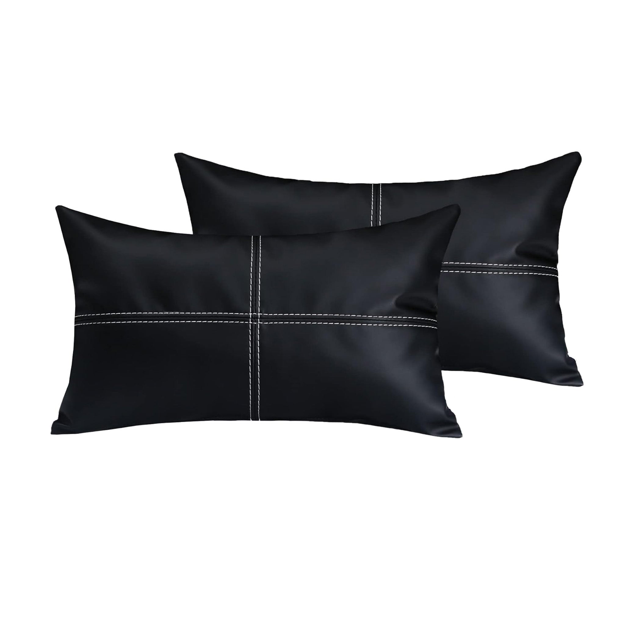 White Contrast Stitching Faux Leather Lumbar Black Pillow for Decor