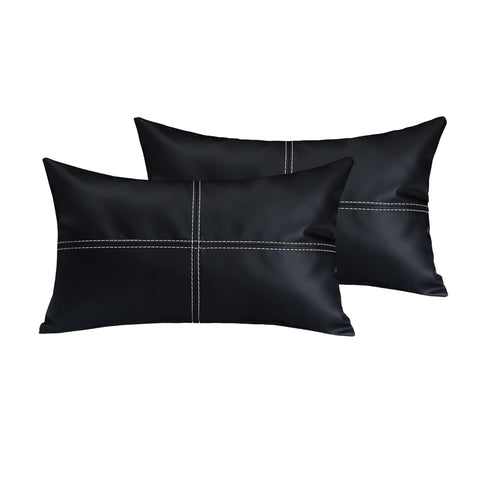 White Contrast Stitching Faux Leather Lumbar Black Pillow for Decor