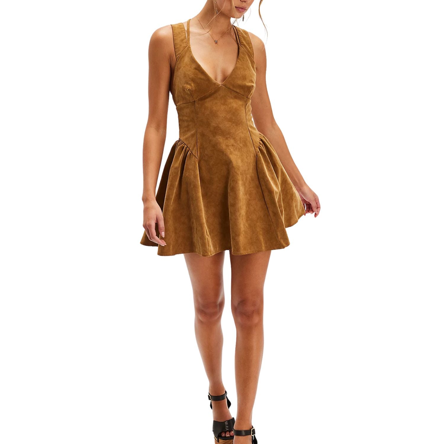 Fit-and-Flare Mini Hot Suede Leather Dress Burgundy / XL