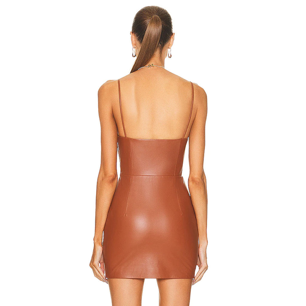 Rusty Brown Spaghetti Mini Summer Women Mini Leather Dress M / Brown