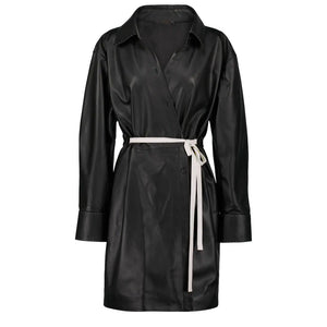 Solid Black Wrap Style Mini Leather Shirt Dress -  HOTLEATHERWORLD