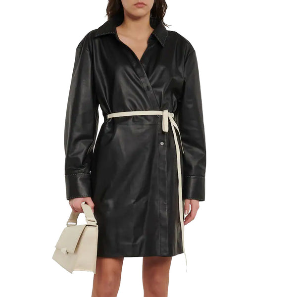 Solid Black Wrap Style Mini Leather Shirt Dress -  HOTLEATHERWORLD