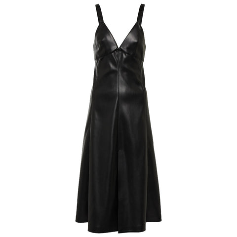 Solid Black A line Women Summer Leather Dress -  HOTLEATHERWORLD