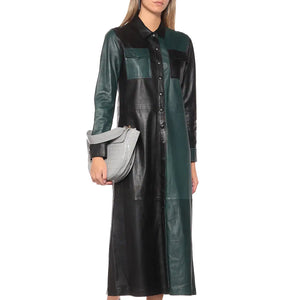 Black & Green Sophisticated Long Leather Shirt Dress S / White Black & Green Sophisticated Long Leather Shirt Dress S / White