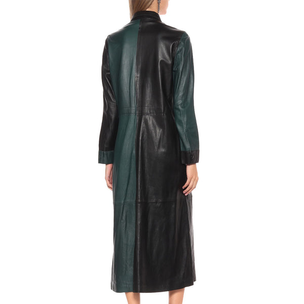 Black & Green Sophisticated Long Leather Shirt Dress -  HOTLEATHERWORLD