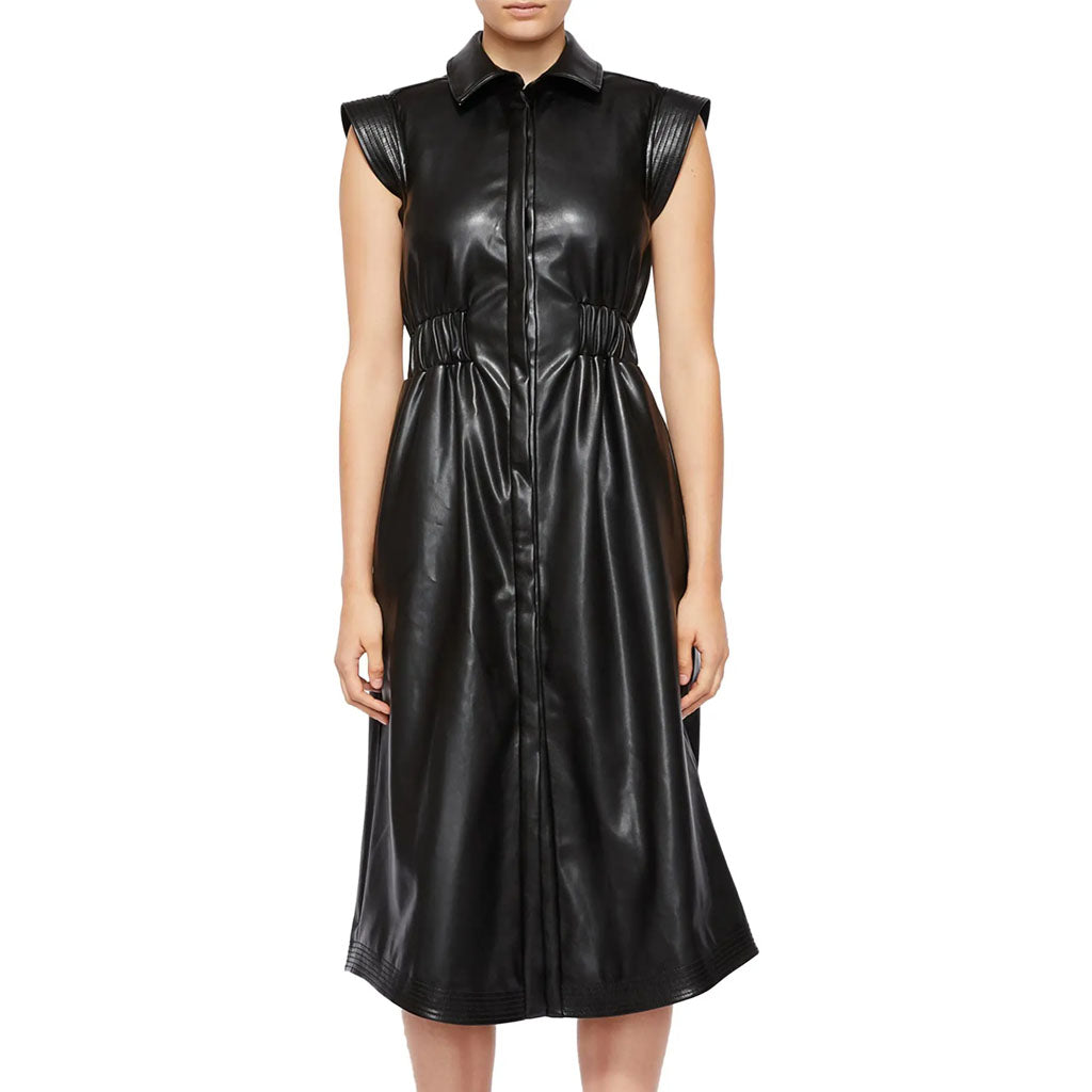 Black Cinched Waist Women Leather Shirtdress -  HOTLEATHERWORLD