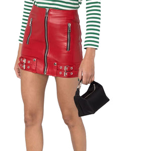 Hot Red Zipper Detailed Biker Style Women Mini Leather Skirt -  HOTLEATHERWORLD