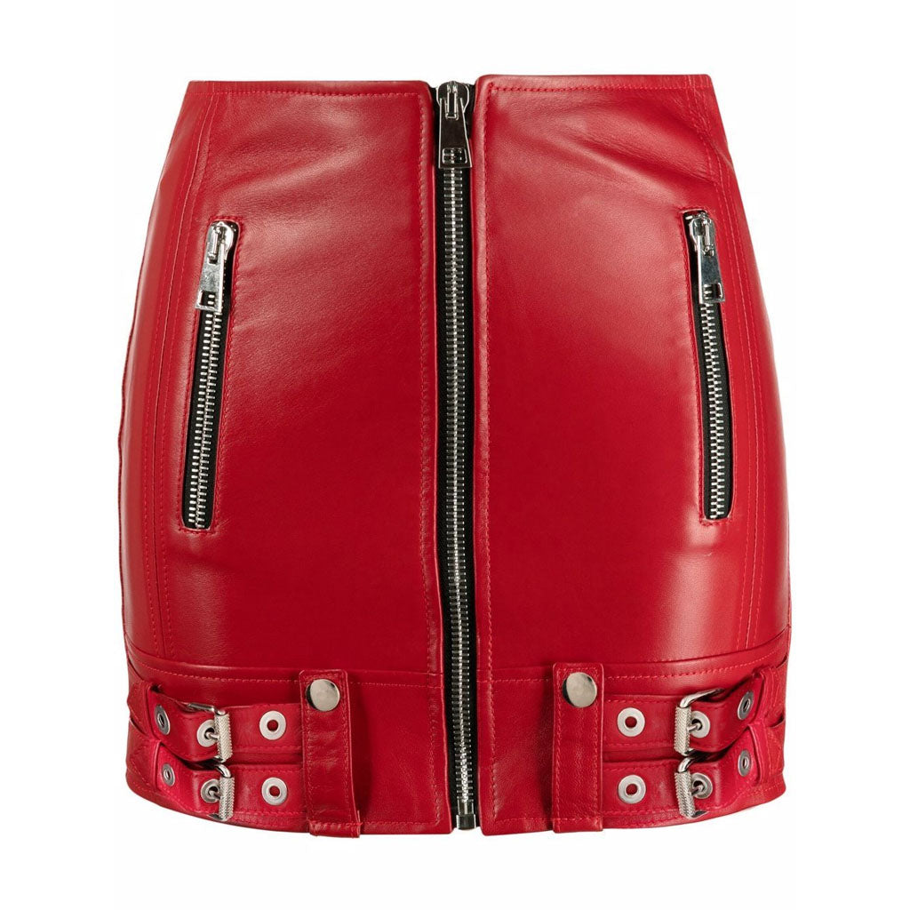 Hot Red Zipper Detailed Biker Style Women Mini Leather Skirt 0 / Navy Blue