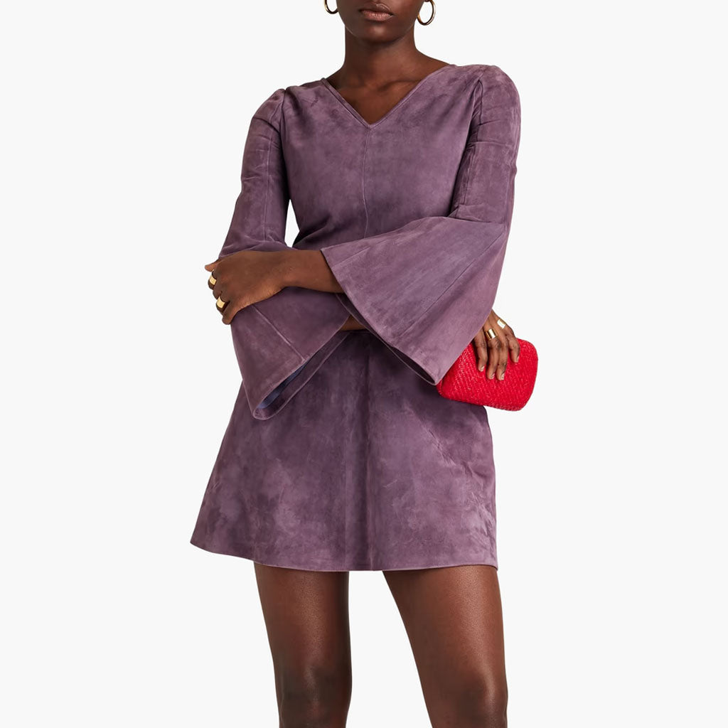 purple leather mini dress Minimal Purple Suede Leather A line Mini Leather Dress XS / DARK RED