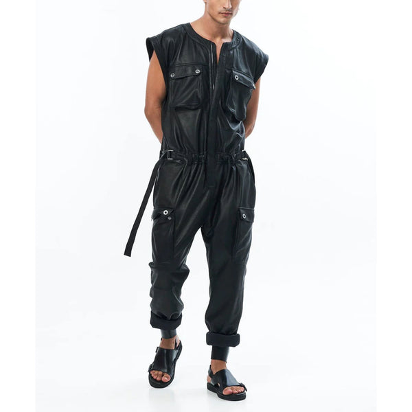 Solid Black Men Street Style Leather Jumpsuit -  HOTLEATHERWORLD
