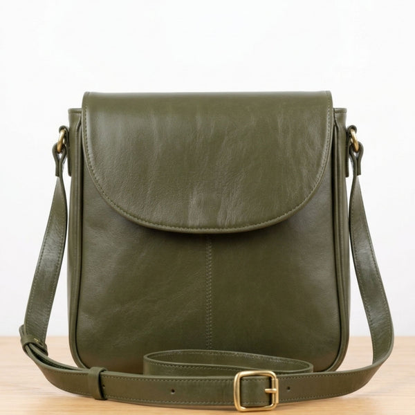 Unisex Olive Green Leather Crossbody Bag