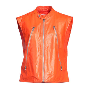 Bright Orange Zipper Detailed Women Leather Sleeveless Jacket -  HOTLEATHERWORLD