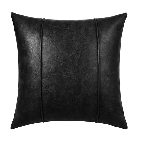 Paneled Black Textured Genuine Leather Pillow Cover