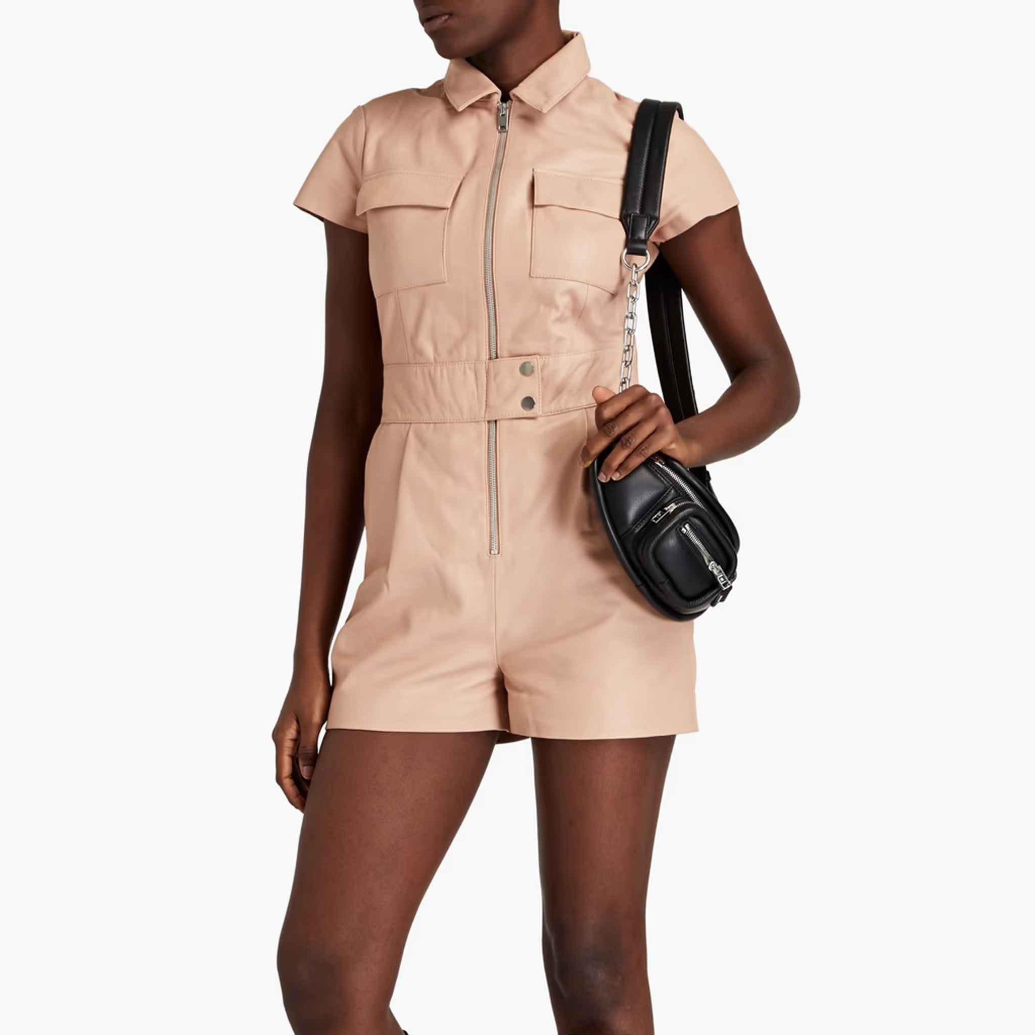 Elegant Daytime Styled Peach Pleated Leather Playsuit S / Brown Elegant Daytime Styled Peach Pleated Leather Playsuit S / Brown