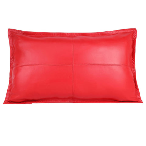 Red Paneled Genuine Leather Lumbar Pillow Cover