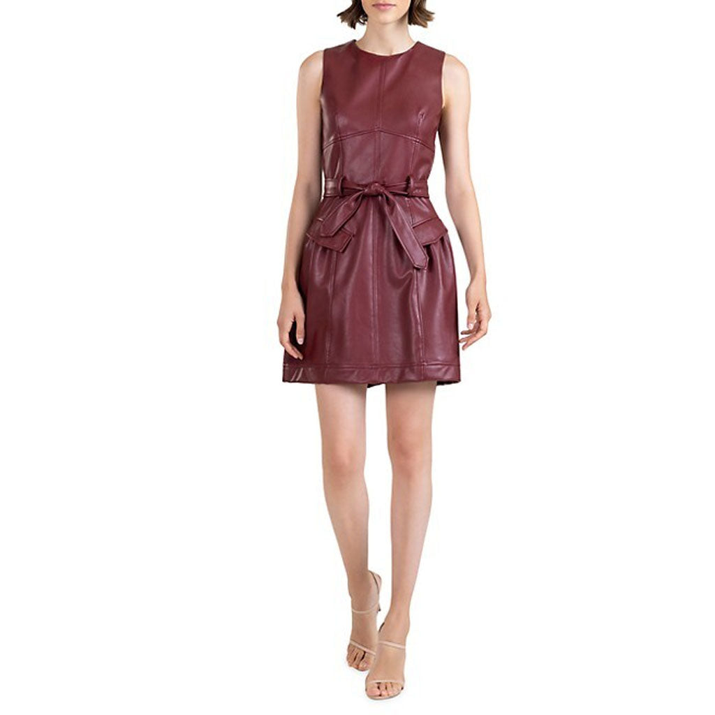 Deep Red Belted Women Mini Leather Dress For Mothers Day 2XL / White Deep Red Belted Women Mini Leather Dress For Mothers Day 2XL / White