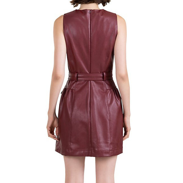 Deep Red Belted Women Mini Leather Dress For Mothers Day -  HOTLEATHERWORLD