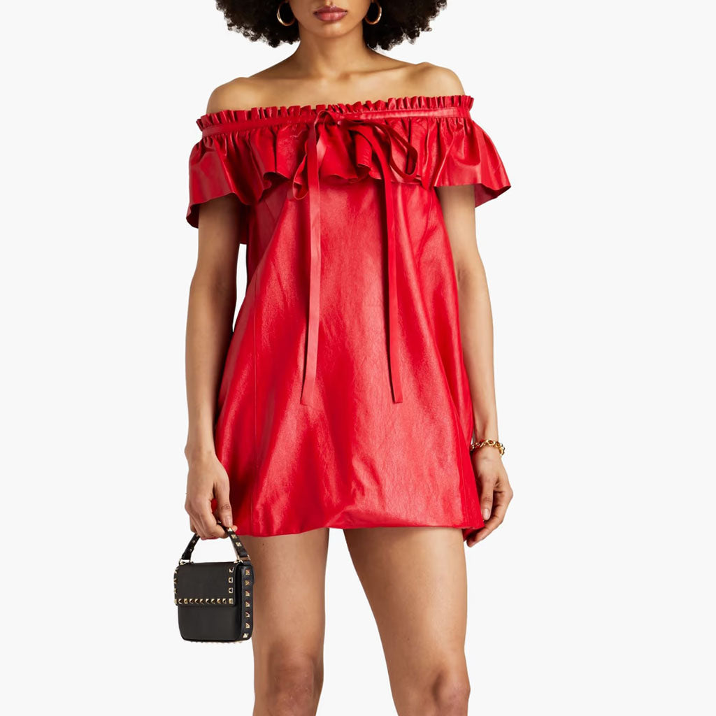 Cherry Red Off Shoulder Women Mini Leather Dress -  HOTLEATHERWORLD