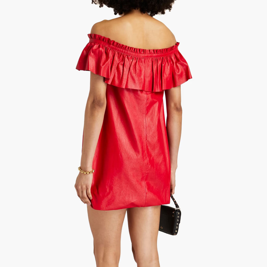 red off the shoulder mini dress Cherry Red Off Shoulder Women Mini Leather Dress L / CHOCOLATE BROWN