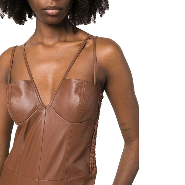 Classy Brown Cool Summer Leather Women Jumpsuit -  HOTLEATHERWORLD