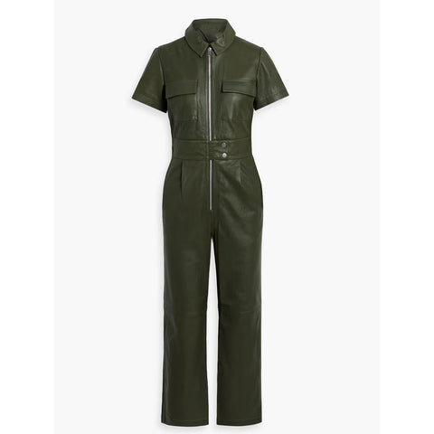 Army Green Zipper Detailed Women Cropped Leather Jumpsuit -  HOTLEATHERWORLD
