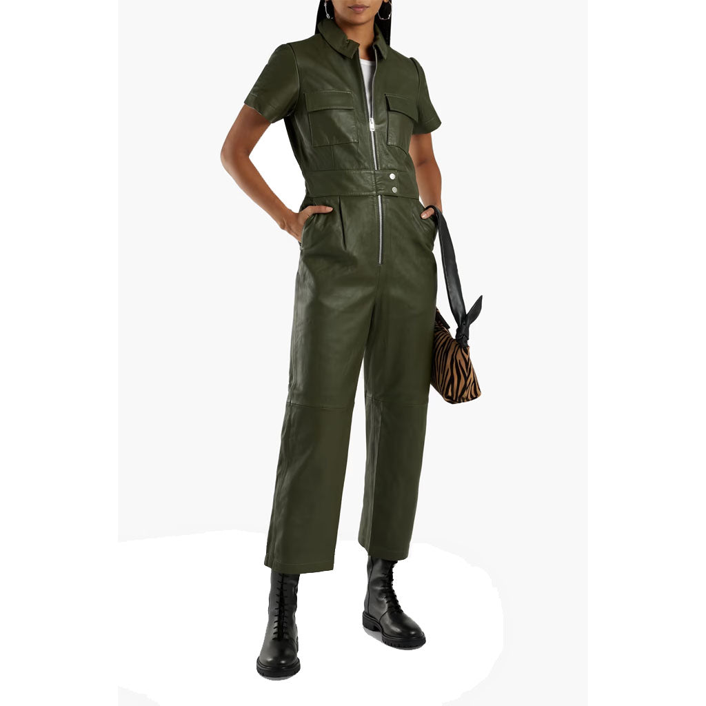 Army Green Zipper Detailed Women Cropped Leather Jumpsuit