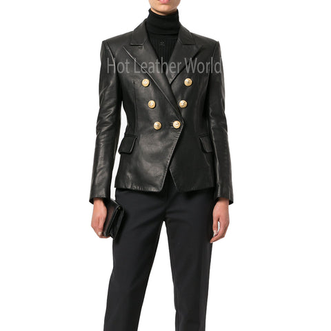 Double Breasted Women Leather Blazer -  HOTLEATHERWORLD