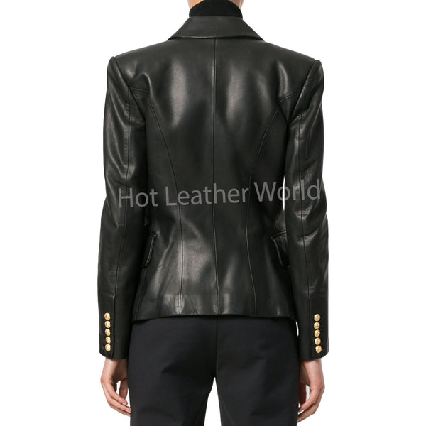 Double Breasted Women Leather Blazer -  HOTLEATHERWORLD